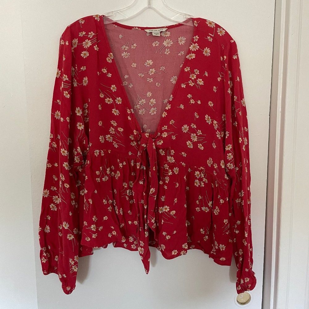American Eagle Red/Pink Daisy Boho Babydoll Tie Front Blouse XL